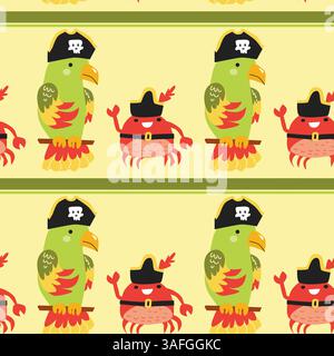 Cute cartoon pirate parrots and crabs pattern on yellow background. Stock Vector