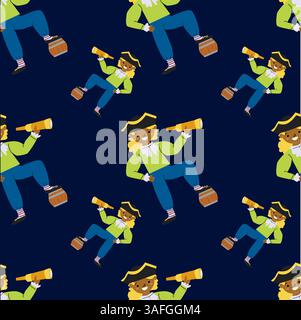 Colorful cartoon pirate pattern with telescopes on navy background. Stock Vector