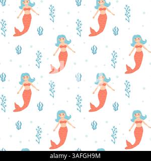 Seamless pattern of cartoon red-tailed mermaids with seaweed and bubbles. Stock Vector