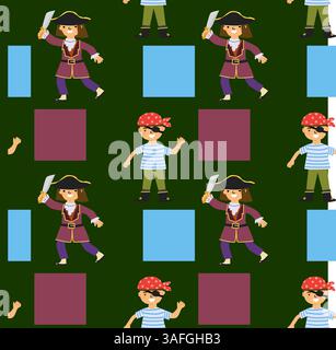 Cartoon pirate characters and colorful squares pattern. Stock Vector