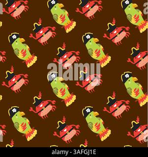 Colorful pirate-themed pattern with parrots and crabs on brown background. Stock Vector