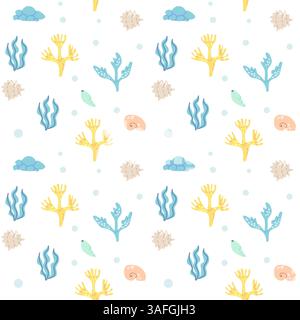 Seamless underwater pattern: coral and seaweed design in pastel colors. Stock Vector