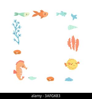 Colorful cartoon sea creatures and coral frame with seahorse and starfish. Stock Vector