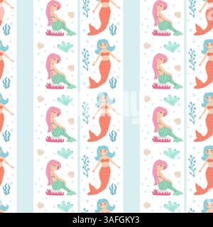 Colorful mermaid pattern with pink and blue hair, scales, and seaweed on light background. Stock Vector