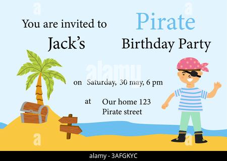 Pirate birthday party invitation with cartoon boy and treasure chest. Stock Vector