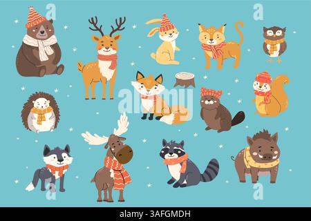 Cute forest animals in winter attire on blue background. Stock Vector