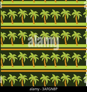 Seamless tropical palm tree pattern with green orange stripes. Stock Vector