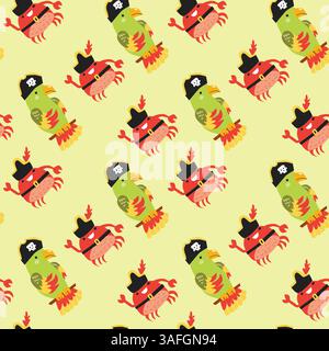 Seamless pirate themed pattern with parrots and crabs. Stock Vector
