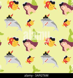 Playful pirate and sea creature pattern with cartoon sharks and mermaids. Stock Vector