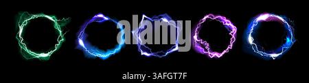 Thunder light. Power energy circle, neon flare effect or flash graphic strike lighting. Magic shock glow. Thunderbolt luminous round frame. Green blue and purple sparkles. Realistic vector background Stock Vector