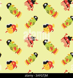 Pirate-themed cartoon sea creatures pattern on yellow background. Stock Vector