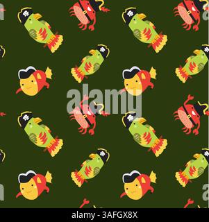 Pirate-themed cartoon fish and crab pattern on dark green background. Stock Vector