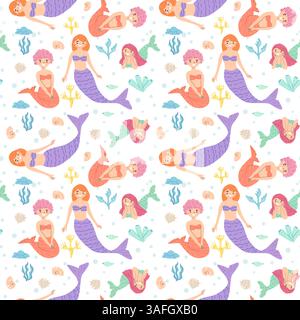 Colorful mermaid pattern with ocean elements and diverse female characters. Stock Vector