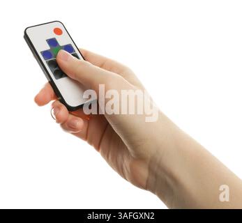Woman with modern lighting remote control on white background, closeup Stock Photo