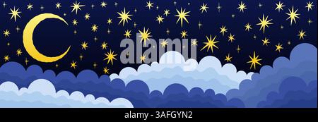 Night sky. Stars, moon and clouds for cute sleep. Gradient crescent for kid dream. Baby goodnight landscape. Fairytale twilight. Nighttime cloudy heaven. Vector dark midnight cloudscape background Stock Vector