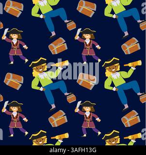 Seamless pattern of male pirates with treasure chests and spyglasses on dark background. Stock Vector