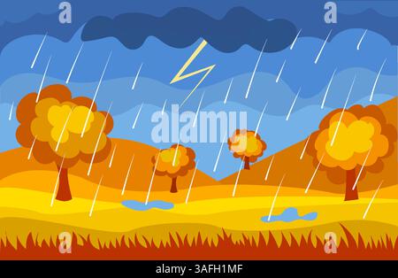 A colorful autumn landscape features stylized trees with orange leaves, rain falling from a dark cloud, and lightning striking across a blue sky Stock Vector
