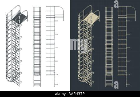 Stylized vector illustrations of blueprints of fire escape Stock Vector