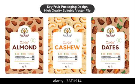 Dry Fruit Packaging Design, Dry Fruit Label Sticker Pouch Design, Dry Fruit Box Design, Cashew Nuts, Almond Label, Pistachio, Walnut Label Design Stock Vector