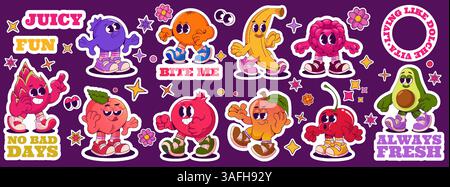 Fruit stickers. Retro cartoon characters. Comic orange and lemon. Apple food label. Vintage groove peach and raspberry. Grocery labels. Walking fresh Stock Vector