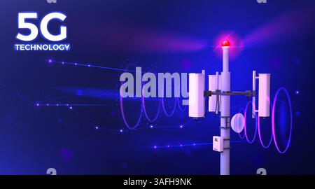 5G tower. Telecommunication antenna. Radio for broadband network. Satellite Wi-Fi. Cell and mobile connect. Cellular electronic connection. Wireless internet base. Telecom equipment. Vector background Stock Vector