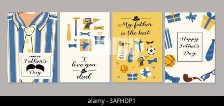Father's day greeting card designs featuring gifts, tools, and sports themes for celebrating dad. Stock Vector