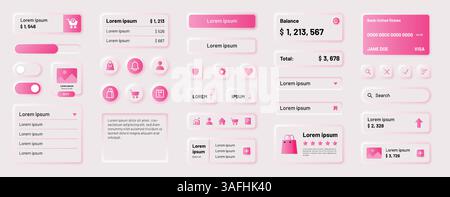 Ui elements. App interface button, mobile shop ux kit, neumorphic template. Website price for user order. Web interface isolated menu objects in minim Stock Vector