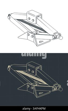 Car scissor jack lift isometric blueprint stylized vector illustrations Stock Vector