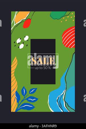 Sale banner. Abstract background for discount, bright colorful forms and botanical elements. Shopping vertical special offer template design. Promotional card with lines and dots. Vector illustration Stock Vector