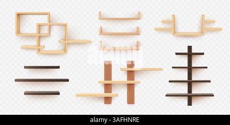 Wooden shelf. 3D furniture product or interior mockup for picture. Realistic bookshelf. Shelves hanging on wall with hook. Handed display or wood fram Stock Vector