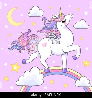 White cartoon unicorn walking on rainbow on pink background. Flat design. For children's design of prints, posters, cards, stickers, etc. Vector illus Stock Vector