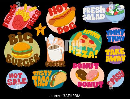 Food stickers. Retro burger icon. Pizza and coffee logo. Yummy vintage drink and sandwich meal menu. Fastfood label with lettering. Hot sale for takeaway snacks. Fresh salad. Vector art badges set Stock Vector
