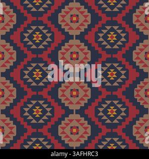 Tribal geometric abstract carpet seamless pattern. Color mosaic oriental kilim rug background. Stock Vector