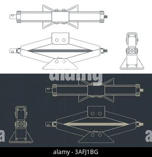 Car scissor jack lift  blueprints stylized vector illustrations Stock Vector