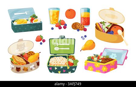 Lunch box. School lunchbox, kid healthy snacks for picnic, child tray with fruit meal, eat children container. Sandwiches and salad in plastic box, ju Stock Vector