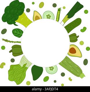 Green veggies circle frame. Vector flat Healthy vegetarian food. illustration for package, kitchen design, fabric and textile. Eat green Stock Vector