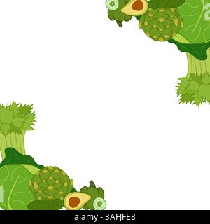 Fresh green veggies square frame in corner. Vector flat composition. Banner, poster, wrapping paper, sticker, print, modern textile design. Eat green Stock Vector