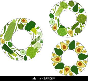Circle template set with hand drawn green vegetables for text. Vector flat Vegetable tops, veggies stalks. art for food design, recipe, cook book, pac Stock Vector