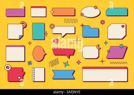Windows frame box. Retro browser chat dialog. Computer interface. Message notification stickers for post dialogue or internet template. 90s UI design. Stock Vector