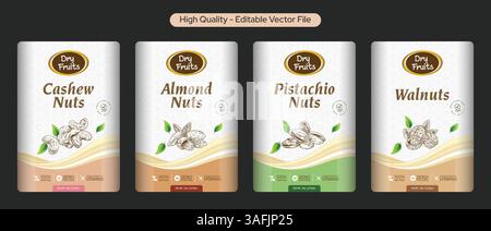 Dry fruit Packaging Design, Dry fruit Label Design, Dry fruit Box Design, Cashew nuts, Almond label, Pistachio, Walnut label design, Premium quality Stock Vector