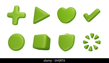 Plus 3D icon. Render cross or round shape. Sphere sign. Pharmacy button. Glossy plastic math elements. Shield protection and support heart. Geometric Stock Vector