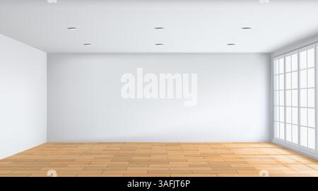Wood floor. Empty room with white walls. 3D apartment interior. Ceiling lamp. Wooden parquet. Realistic house. Light from home window. Modern architecture design. Office furnishing. Vector background Stock Vector