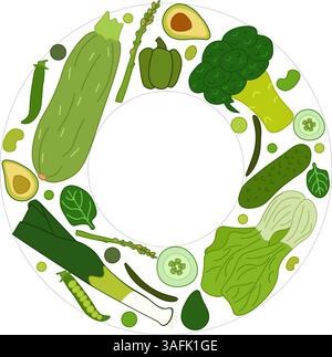 Green vegetable Circle round frame vector flat illustration. art for food design, recipe, cook book, packages, menu, food ads and decor Eat green Stock Vector
