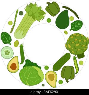 Green vegetables circle Round frame. Vector flat label, text, copy space. farm fresh Spinach, avocado, pepper, cucumber. Can be used for cooking, bake Stock Vector
