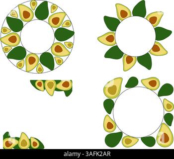 Avocado circle round square Frame set. Vector flat Avocado Background with Space for Text. Ideal for menu, package, cosmetic, textile, cards Eat green Stock Vector