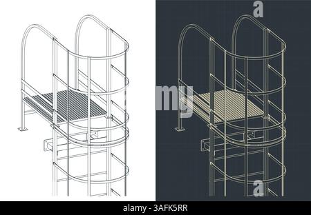 Stylized vector illustrations of isometric blueprints of fire escape Stock Vector