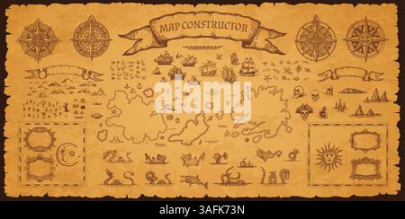 Vintage pirate map constructor, vector set of elements on aged parchment background for treasure hunt, exploration and fantasy adventure. Compass roses, sea monsters, sailing ships, skulls and islands Stock Vector