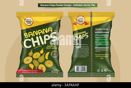 Banana chips pouch packaging design, Food packaging design, Chips logo and packet wrap label design editable vector file illustration Stock Vector
