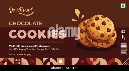 Chocolate cookies label packaging design, sandwich cookies box design, Delicious chocolate biscuit snacks dessert packaging design, editable vector Stock Vector