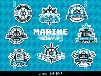 Marine labels or stickers pack of sea navy badges with anchor and ship helm, vector icons. Heraldic marine labels set of trident and captain or sailor seafaring quotes with wave ribbons and chains Stock Vector
